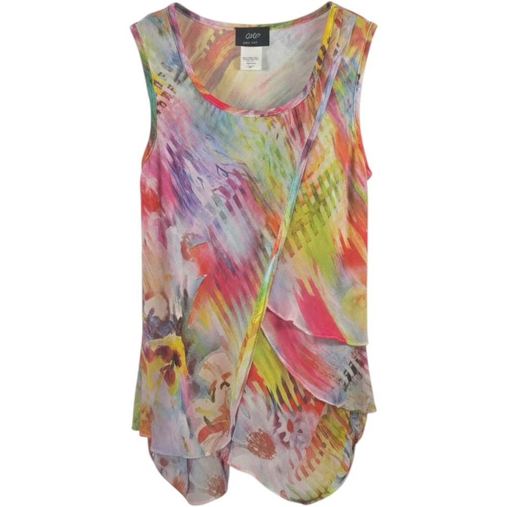 Libra Sleeveless Abstract Floral Draped Layered Blouse Multi-Color Small